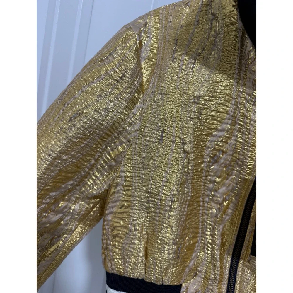 BCBGMAXAZRIA‎ Gold Metallic Bomber Jacket Varsity Striped Collar XXS NWT